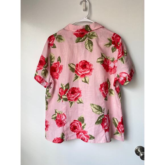 Liz Claiborne Linen Shirt Floral Pink Roses Cottagecore Romantic Button Up L 14 - Picture 5 of 7